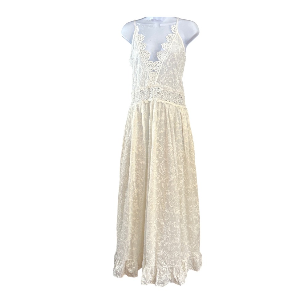 NWT Miss June Paris Lace Boho Maxi Dress Ivory Embroidered Festival Chic